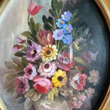 Old painting "bouquet of flowers" with oval frame and glass