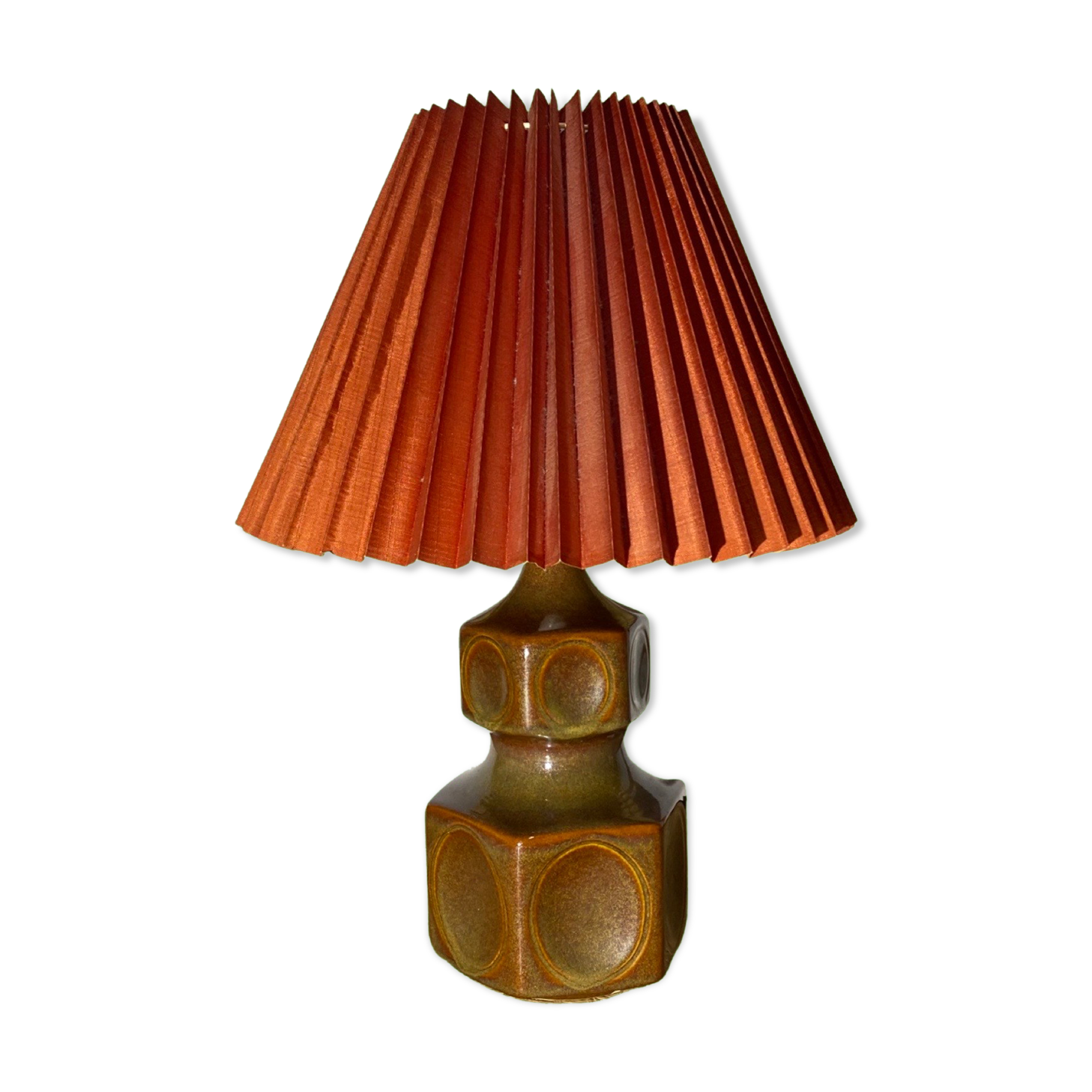 Rare Large Søholm Ceramic Lamp | Brown/green Color With Red Lampshade - Danish Ceramic Lamp