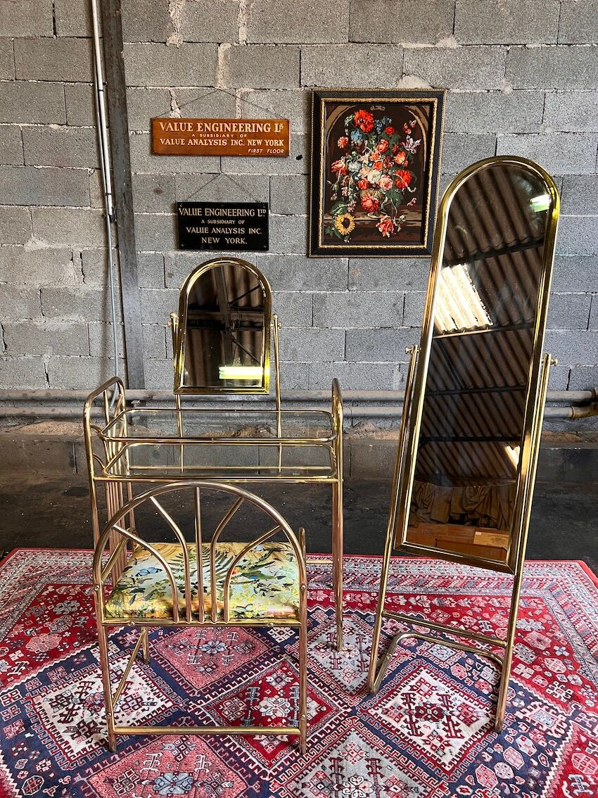 Dressing table and matching psyche in gold metal and glass 70