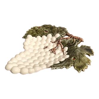 Grape Vine Leaf Serving Dish, Portuguese Secla Majolica Platter / Candy Bowl in White, Brown & Green