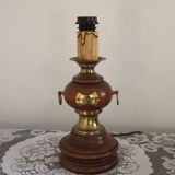 French Mid Century Round Turned Wood Lamp Base With Gold 1852 Tag & Handles