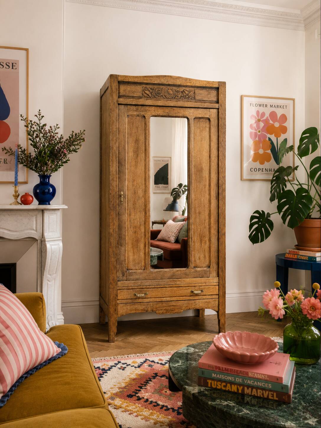Art Deco bonnetière wardrobe from Paris in raw and solid oak.