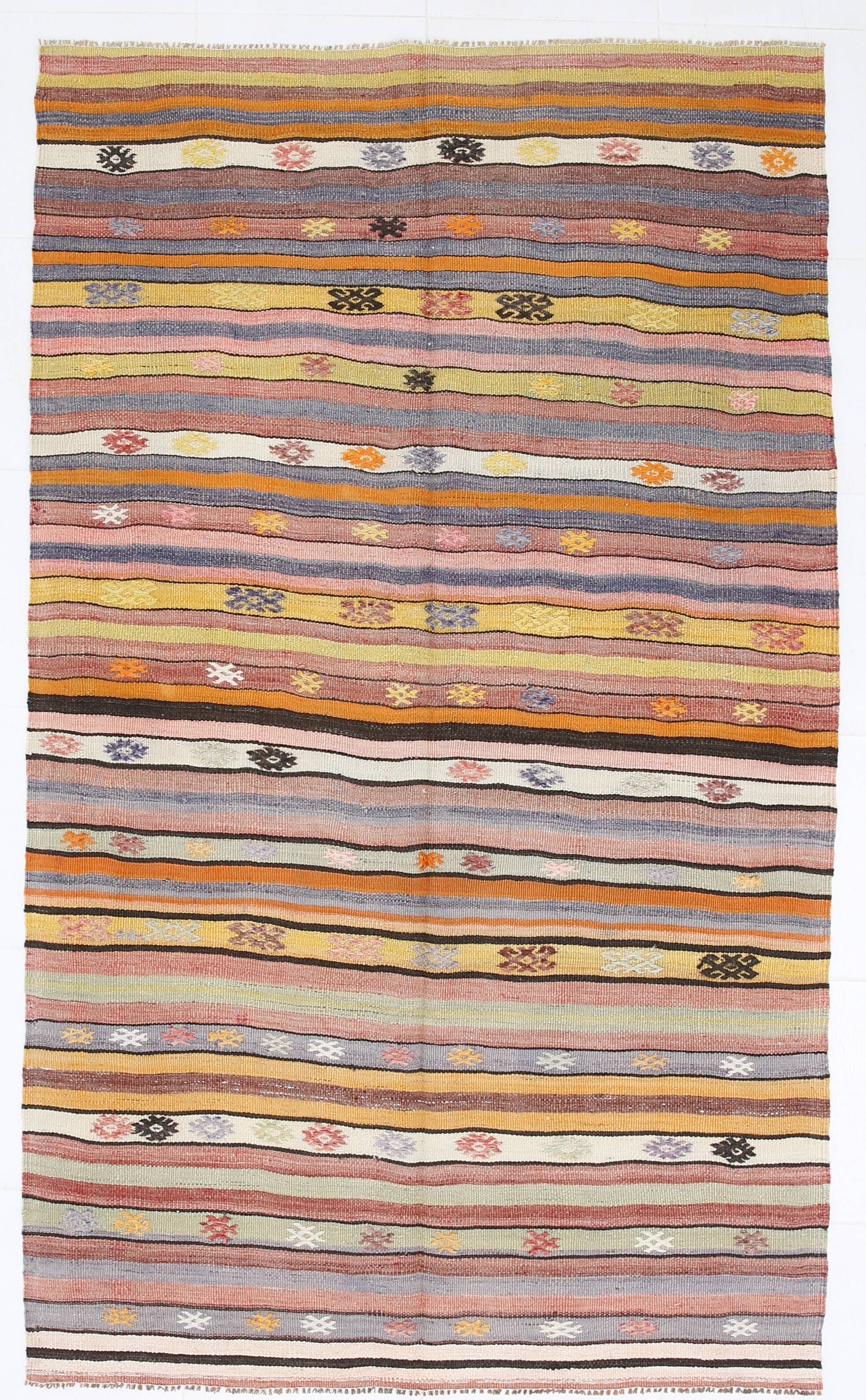 Kilim Vintage Anatolien Rayé – Tons Pastel Multicolores, Style Bohème