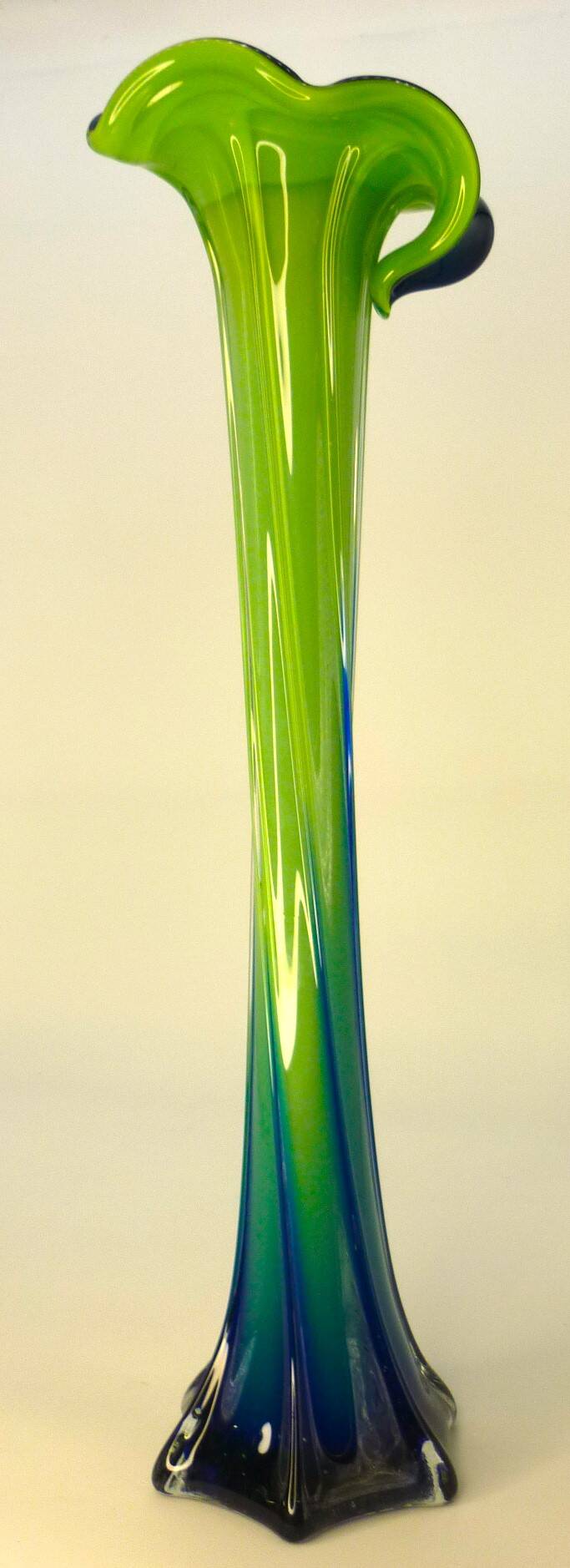 Vintage blown glass vase, twisted, blue and green, height: 39cm