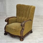 Fauteuil danois à dossier haut, années 1960, laine d'ameublement, bois de chêne massif.