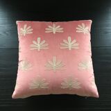 Pink cushion embroidered palm trees