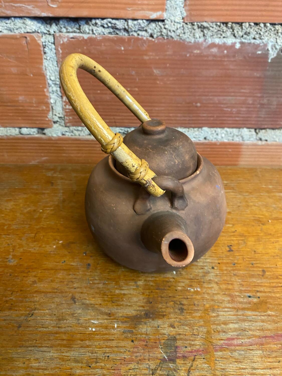 Antique terracotta teapot + bamboo handle, vintage japanese style