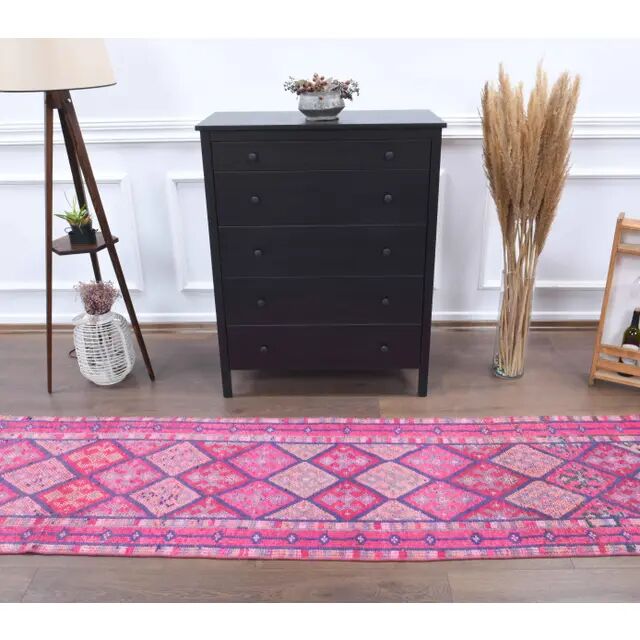Vintage Turkish Oushak Handmade Cotton Purple Wool Runner Rug 74x345