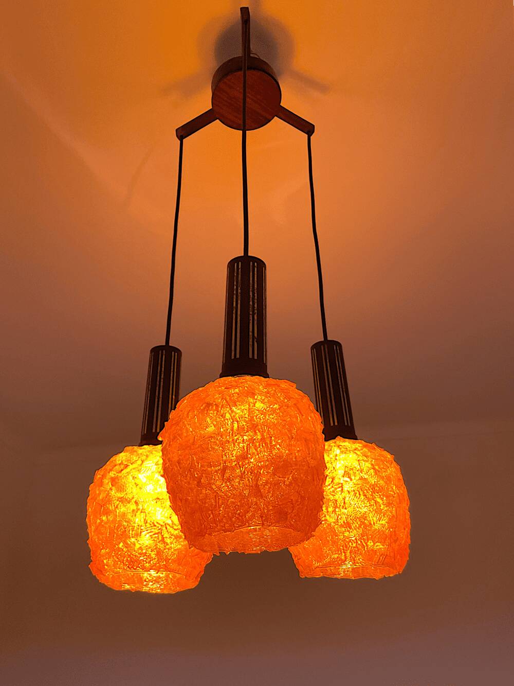 Space Age orange lucite spaghetti 3-light chandelier