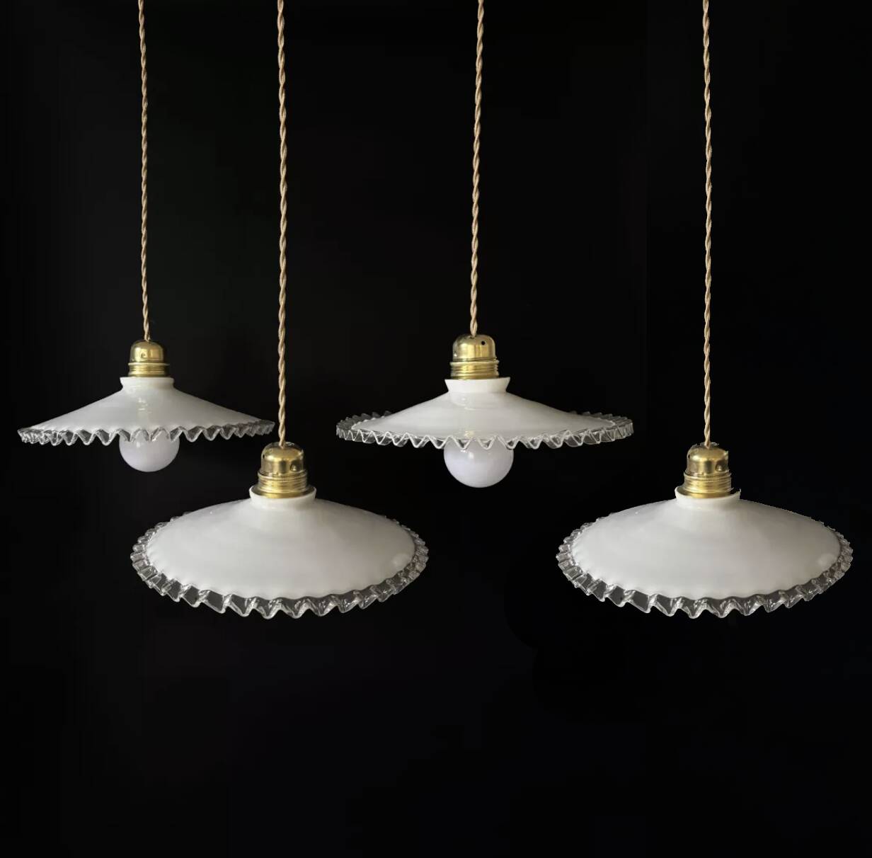 Set of 4 vintage white scalloped opaline pendants, France
