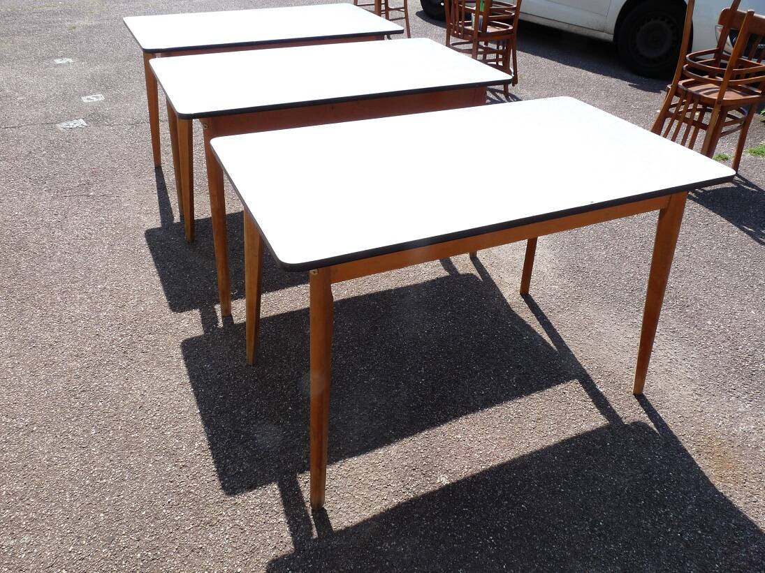 set of 3 vintage white Formica and wood tables