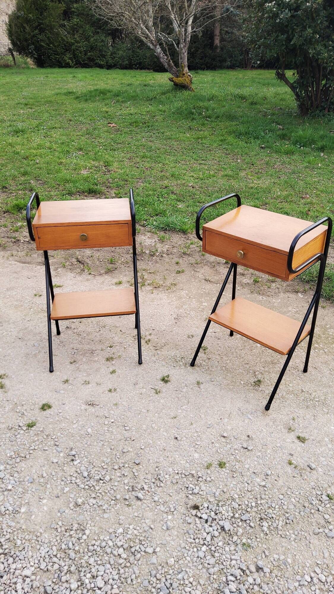Pair of bedside tables from the 60s in gilded oak and tubes stamped Descher