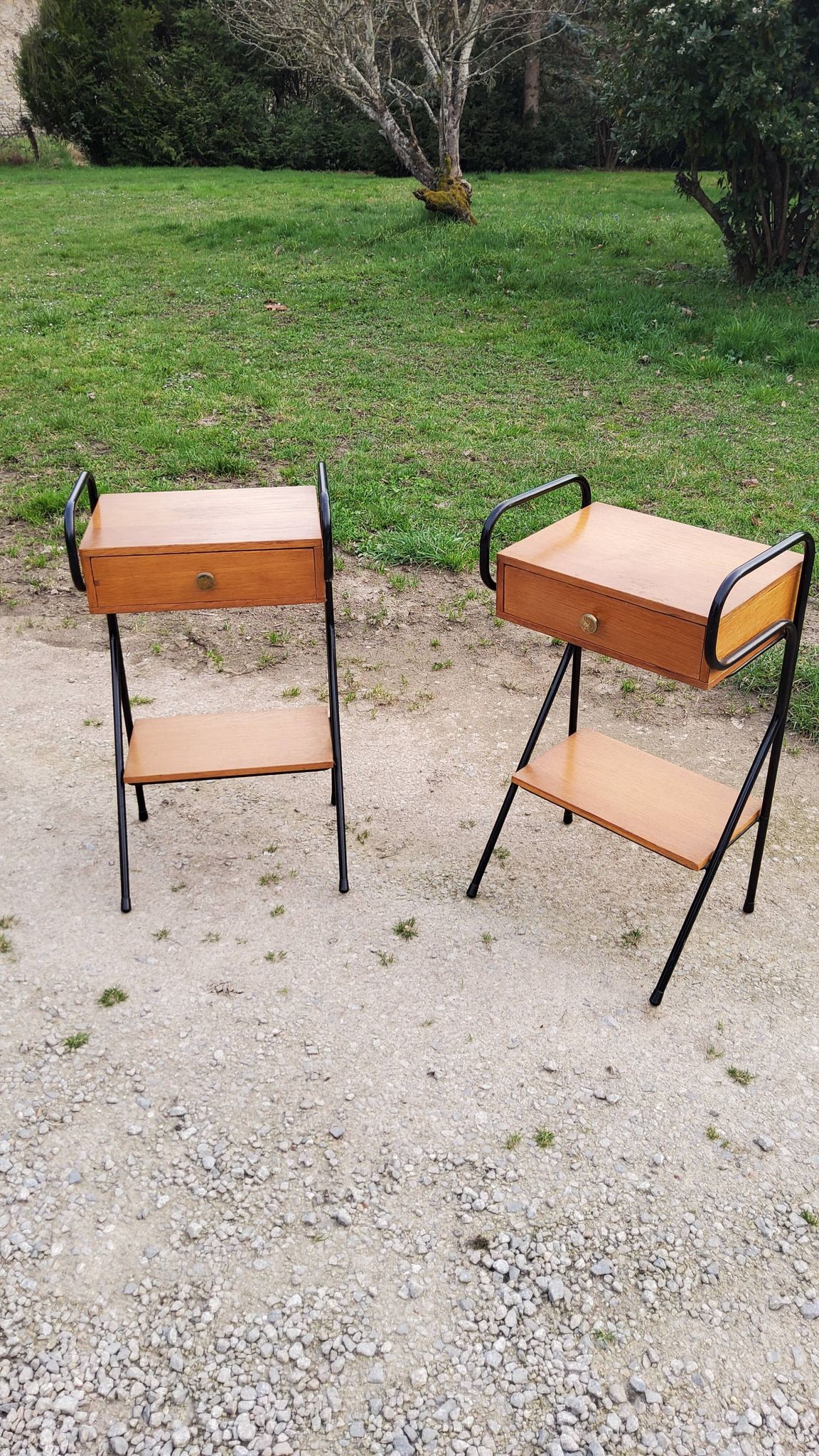 Pair of bedside tables from the 60s in gilded oak and tubes stamped Descher