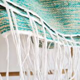 Plaid tissé main vert et lin à fines rayures - franges fines