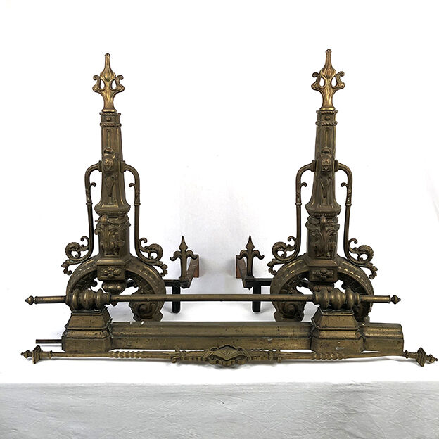 Lot of a pair of chenets and front of gilded bronze fireplace, nineteenth