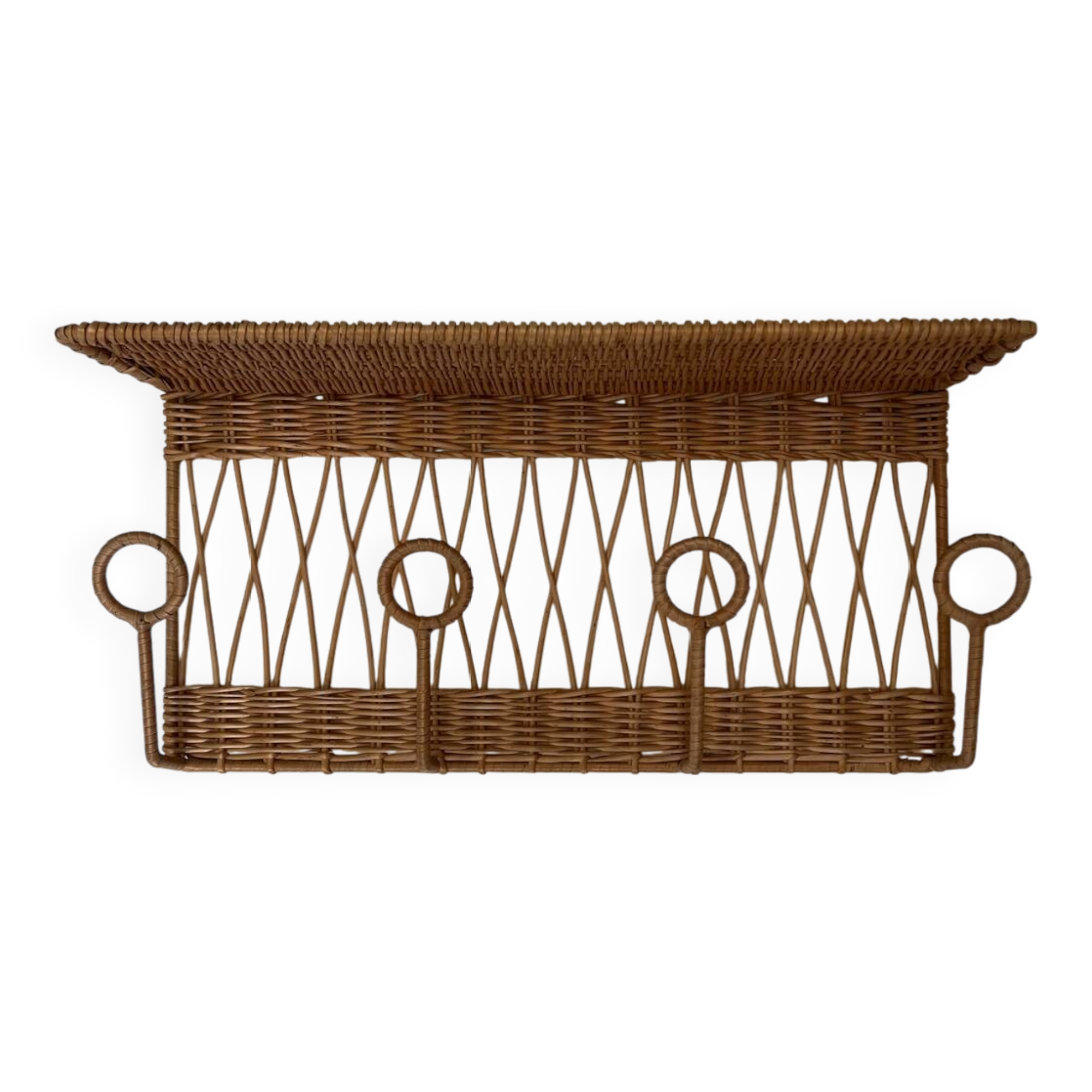 Vintage rattan coat rack wall shelf