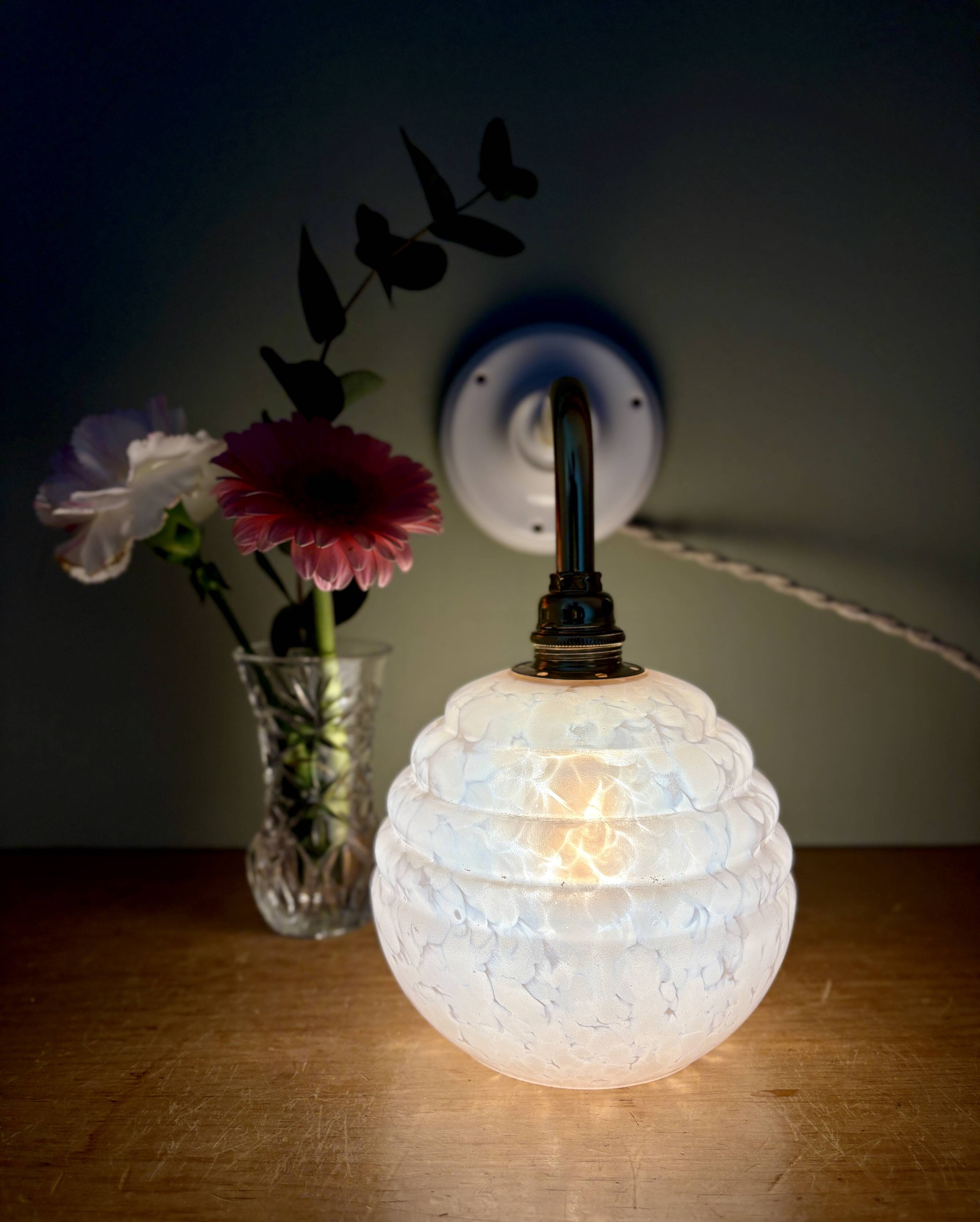 Vintage angled globe wall light in pink Clichy glass