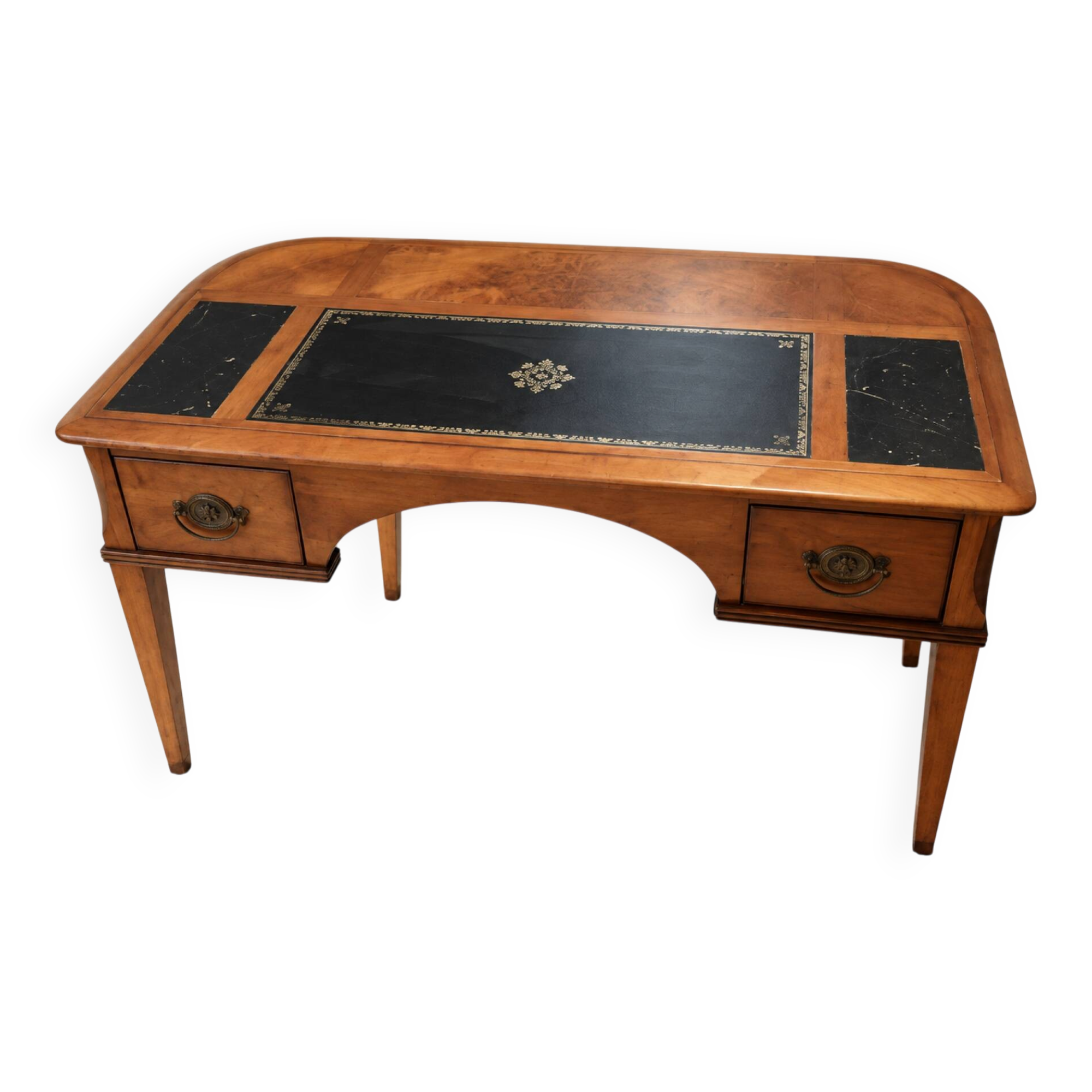 Bureau vintage façade galbée, cuir noir, bronze –compartiments secrets