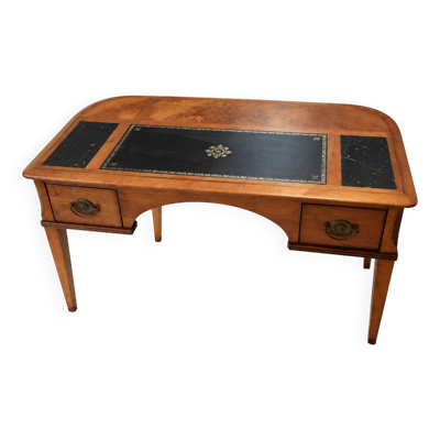 Bureau vintage façade galbée, cuir noir, bronze –compartiments secrets
