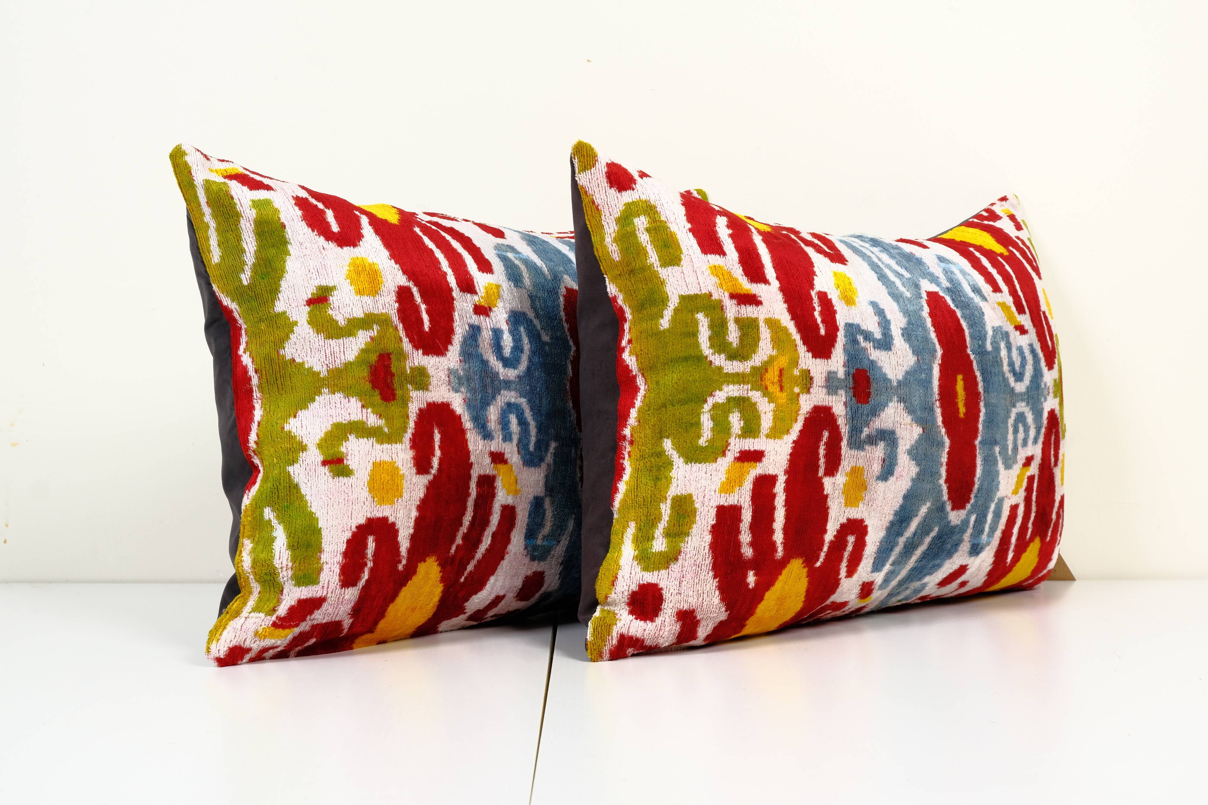 Set of two yellow ikat velvet pillows
