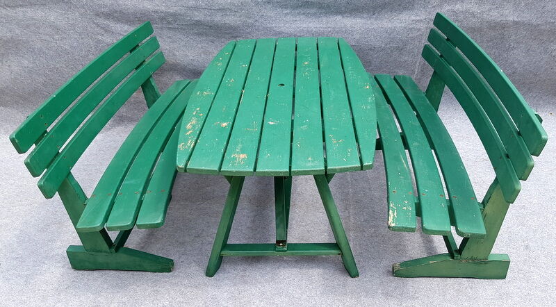 Wooden garden furniture, one table, two benches year 60