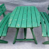 Wooden garden furniture, one table, two benches year 60