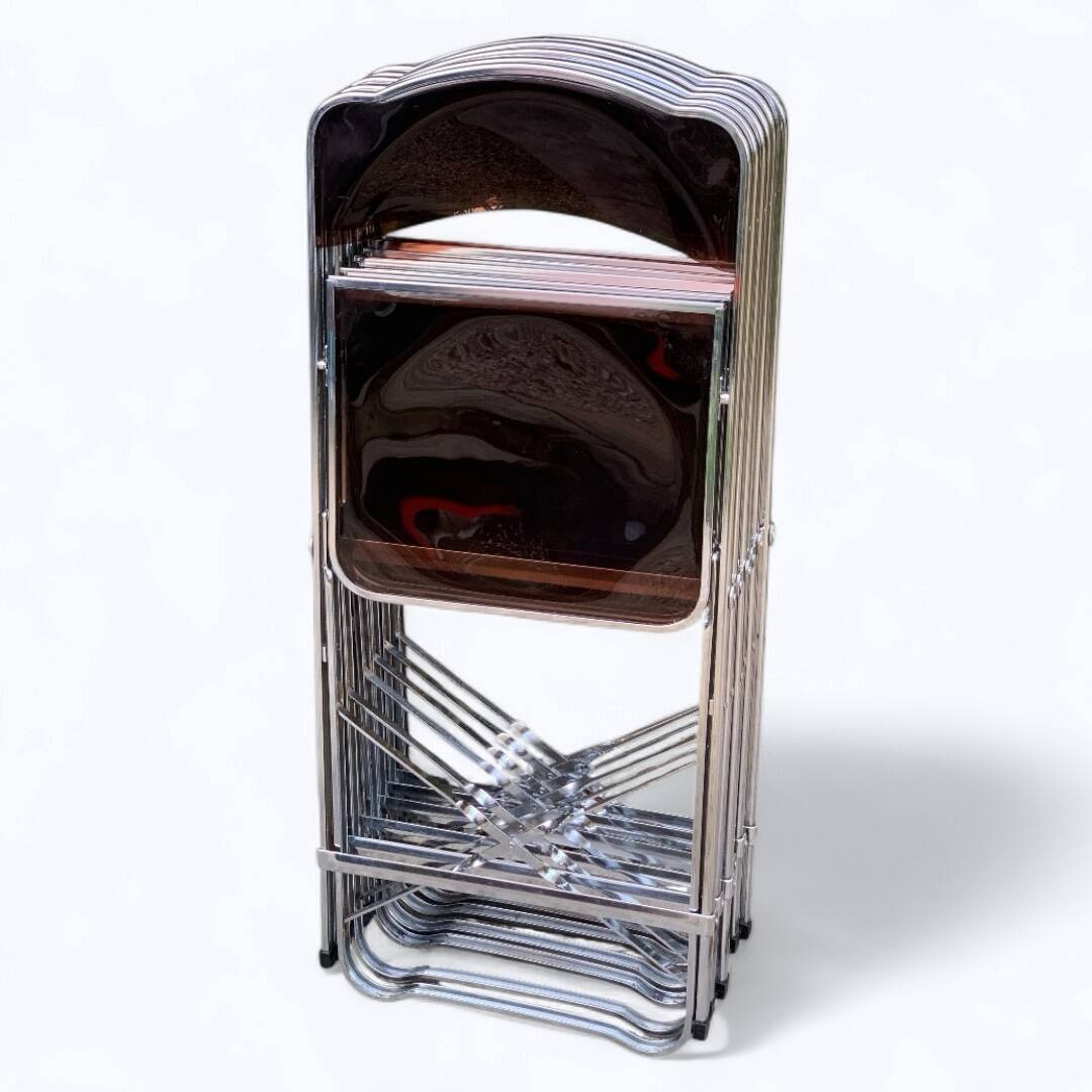 6 chaises pliantes en Plexiglas fumé et métal chrome Chaisor 1970