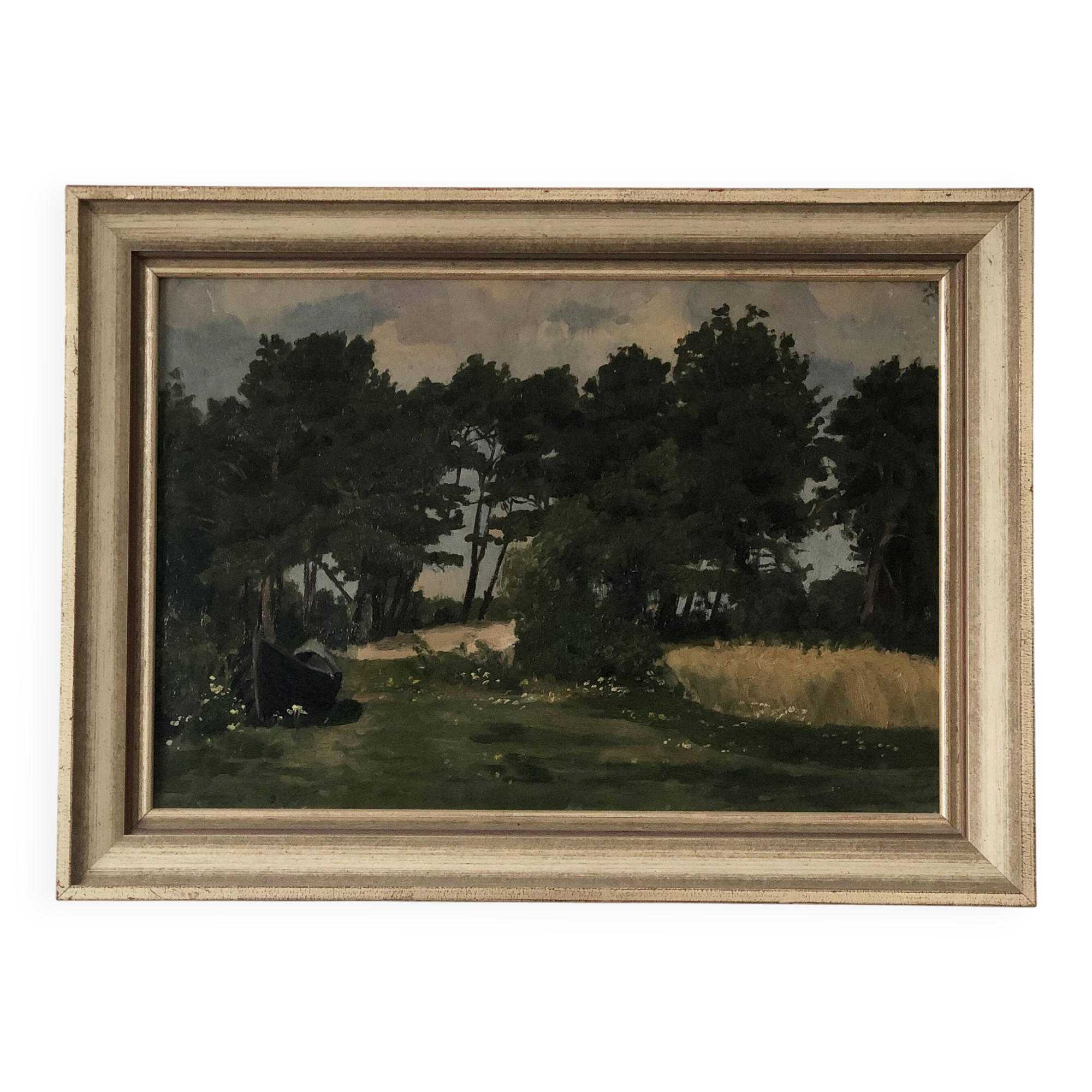 Vintage Original Landscape Oil Painting: Rowboat Nature Art