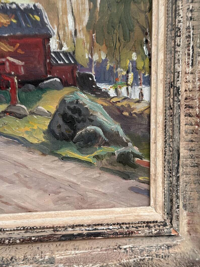 Original Swedish Oil on Canvas – "Path to the Red Cabins" by Karl Gustaf Strandberg (1891–1981) – Signed – Vintage and Framed – 50 × 43 cm (19.7 × 16.9 inches)