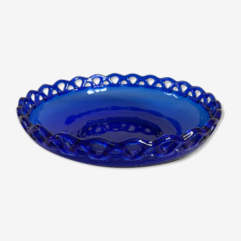 Bol en verre bleu cobalt, plateau de service circulaire rond soufflé à la main avec bord de tissage en treillis