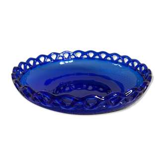 Cobalt blue glass display bowl, handblown round circular serving platter with lattice weave edge