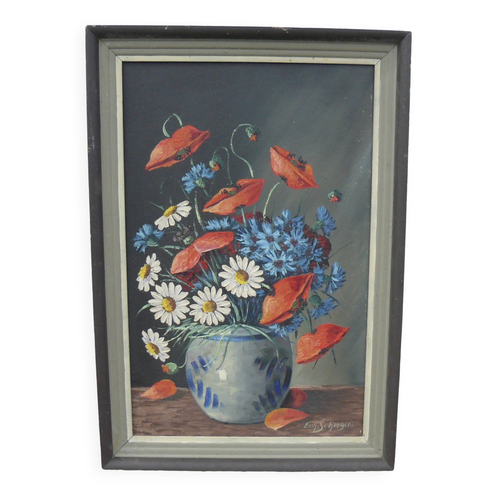 Painting by Eugène SCHERGEN still life with poppies tricolor flowers vintage 1960