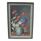 Painting by Eugène SCHERGEN still life with poppies tricolor flowers vintage 1960