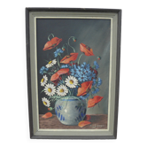 Painting by Eugène SCHERGEN still life with poppies tricolor flowers vintage 1960