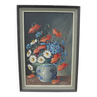 Painting by Eugène SCHERGEN still life with poppies tricolor flowers vintage 1960