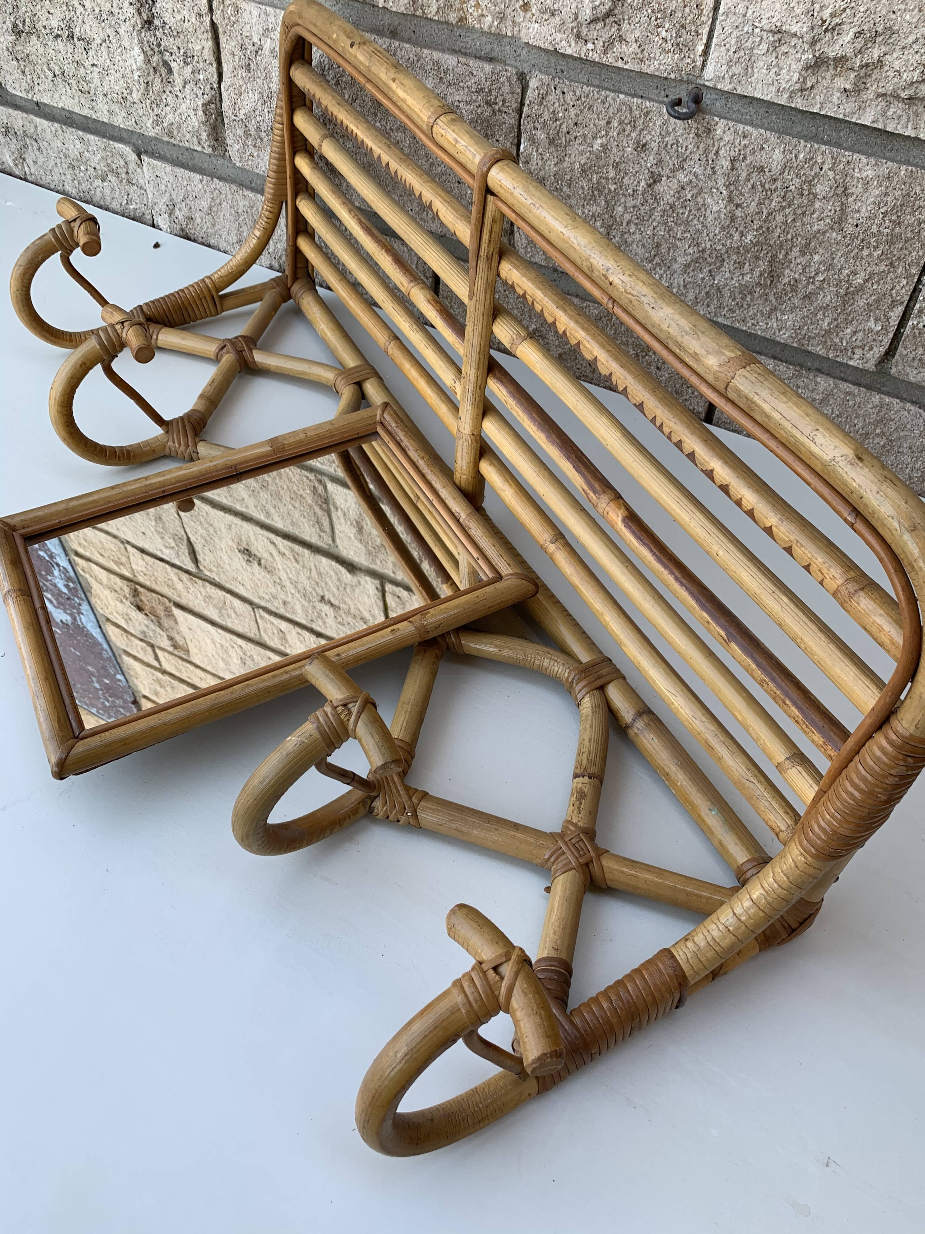 Porte manteau osier vintage avec miroirn années 60