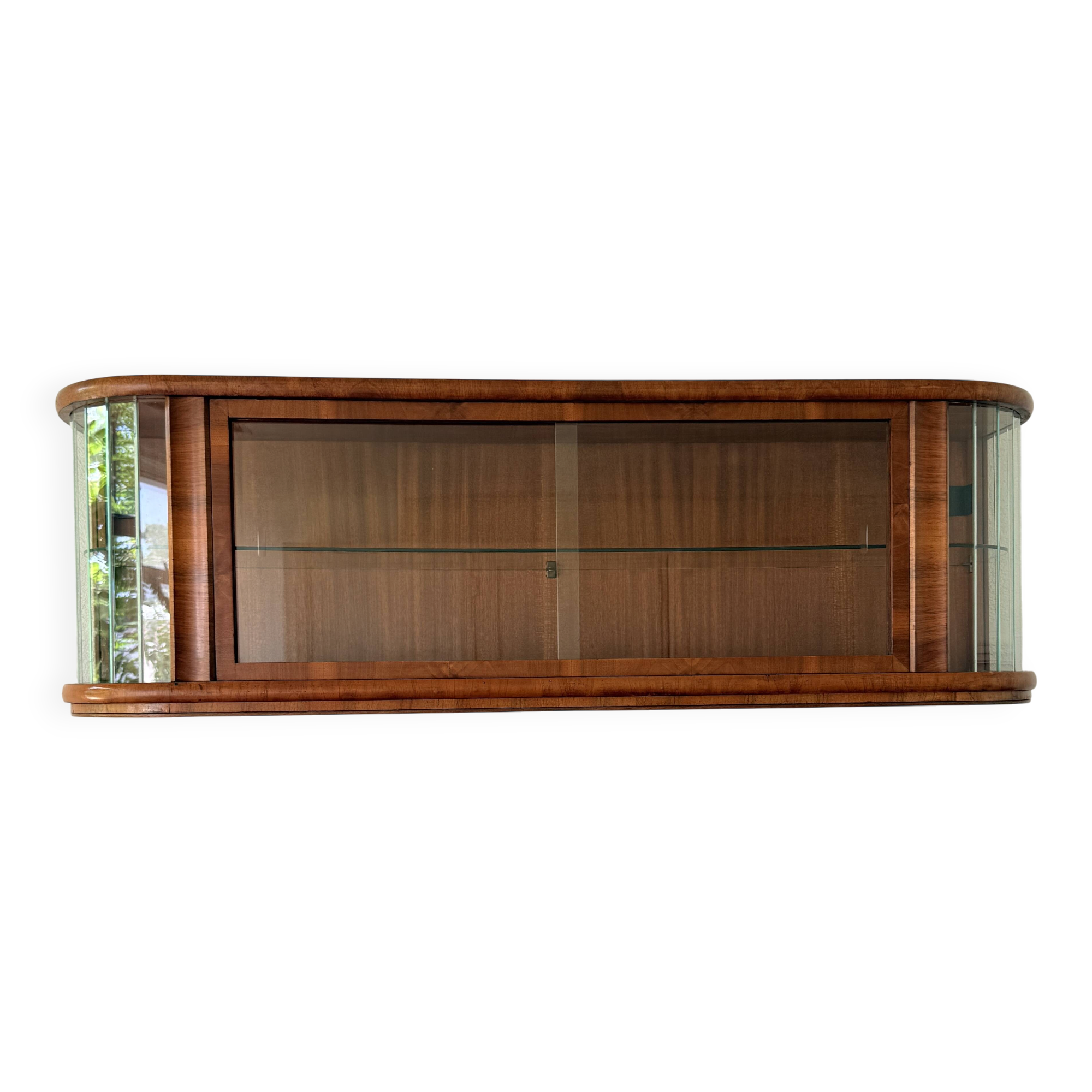 Polish Mid-Century Modern Wall Showcase Cabinet – Beveled Glass & Wood Vene