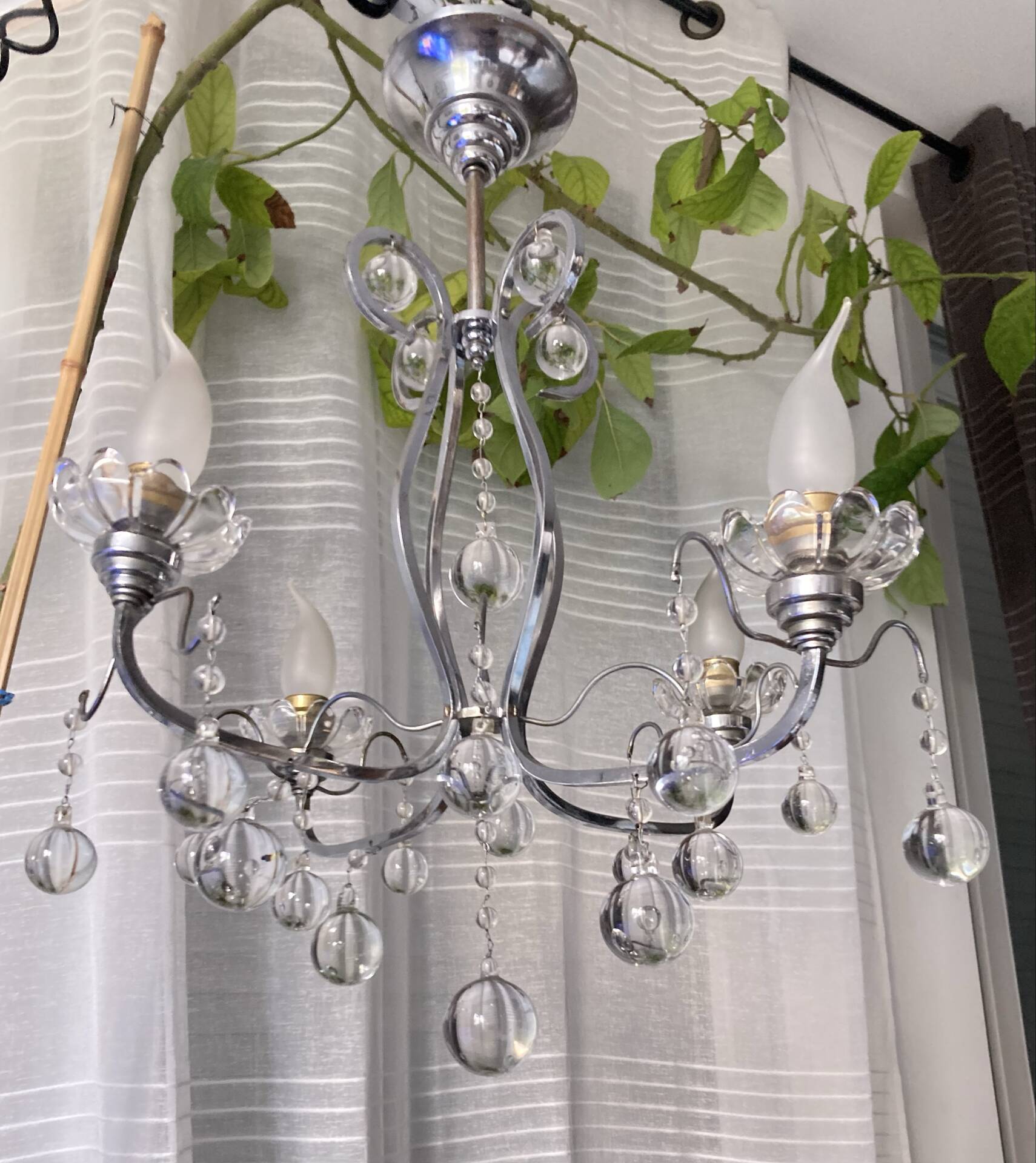 Art Deco chandelier from the early 20th century in chrome brass, with glass pendants.