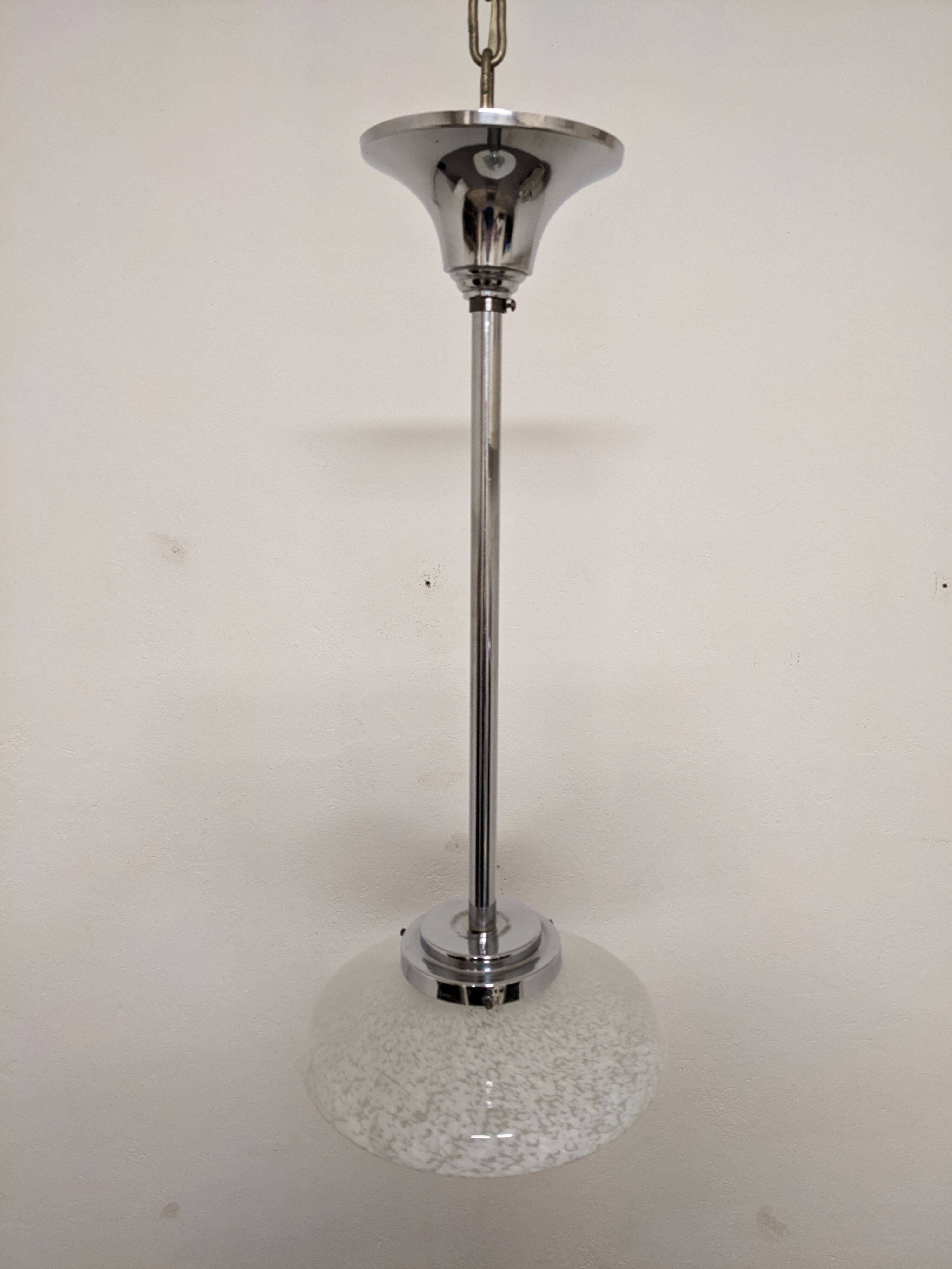 Art Deco glass suspension from Clichy, speckled white, France circa 1920.