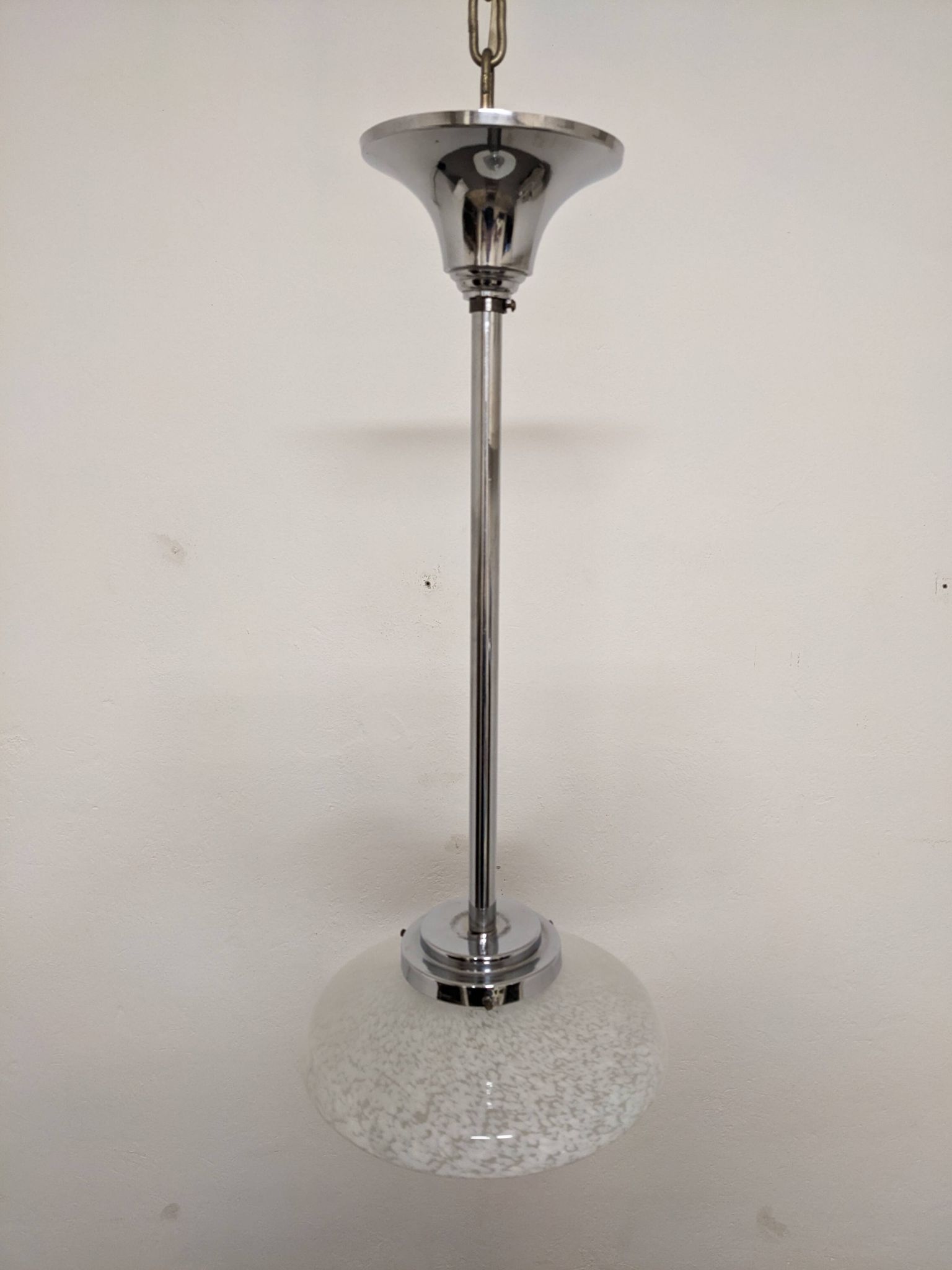 Art Deco glass suspension from Clichy, speckled white, France circa 1920.