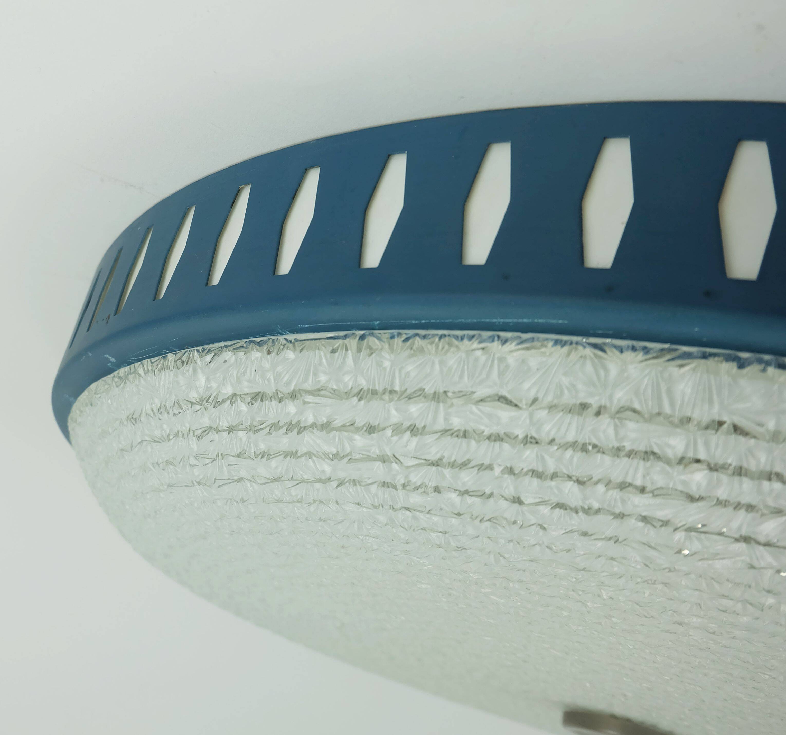 Rare large ceiling light by hillebrand 1960s textured glass blue metal fram