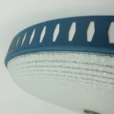 Rare large ceiling light by hillebrand 1960s textured glass blue metal fram