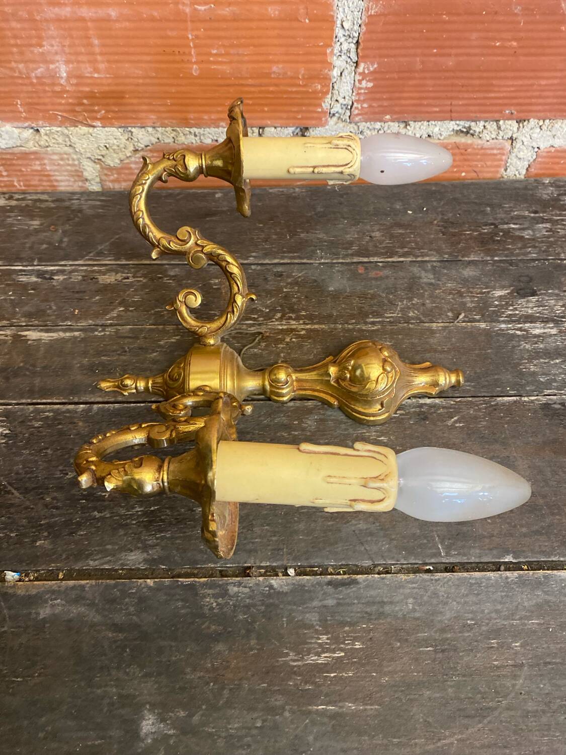 Pair of Double Wall Lights in Antique Louis XV Style, Gilded Bronze Vintage #D67