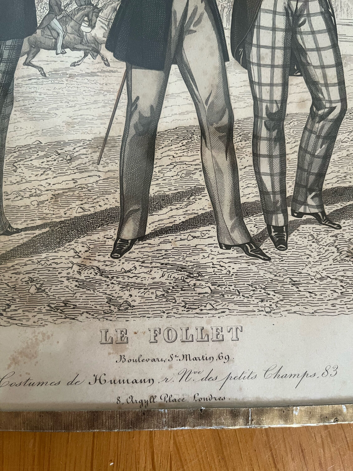 Antique print framed "Le Follet" men's suits