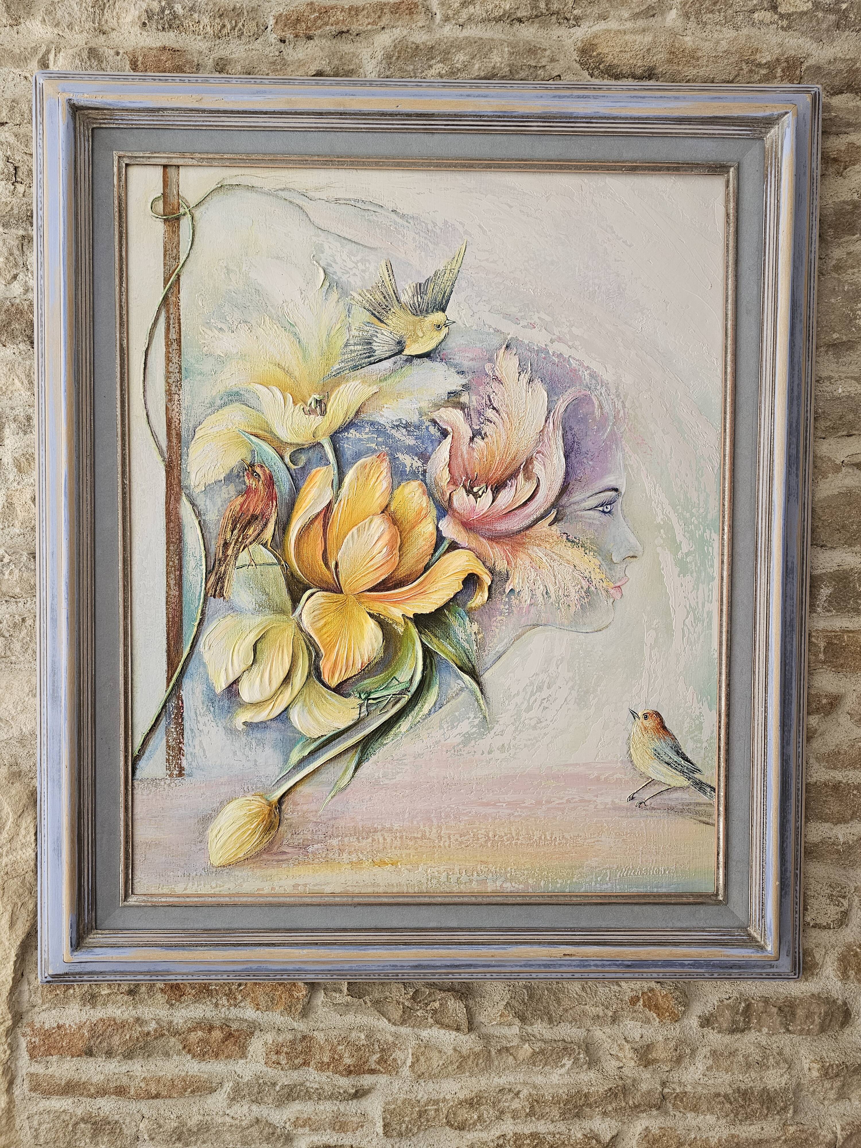 Tableau Huile sur Toile Onirique Profil féminin, fleurs, Oiseaux Michallon