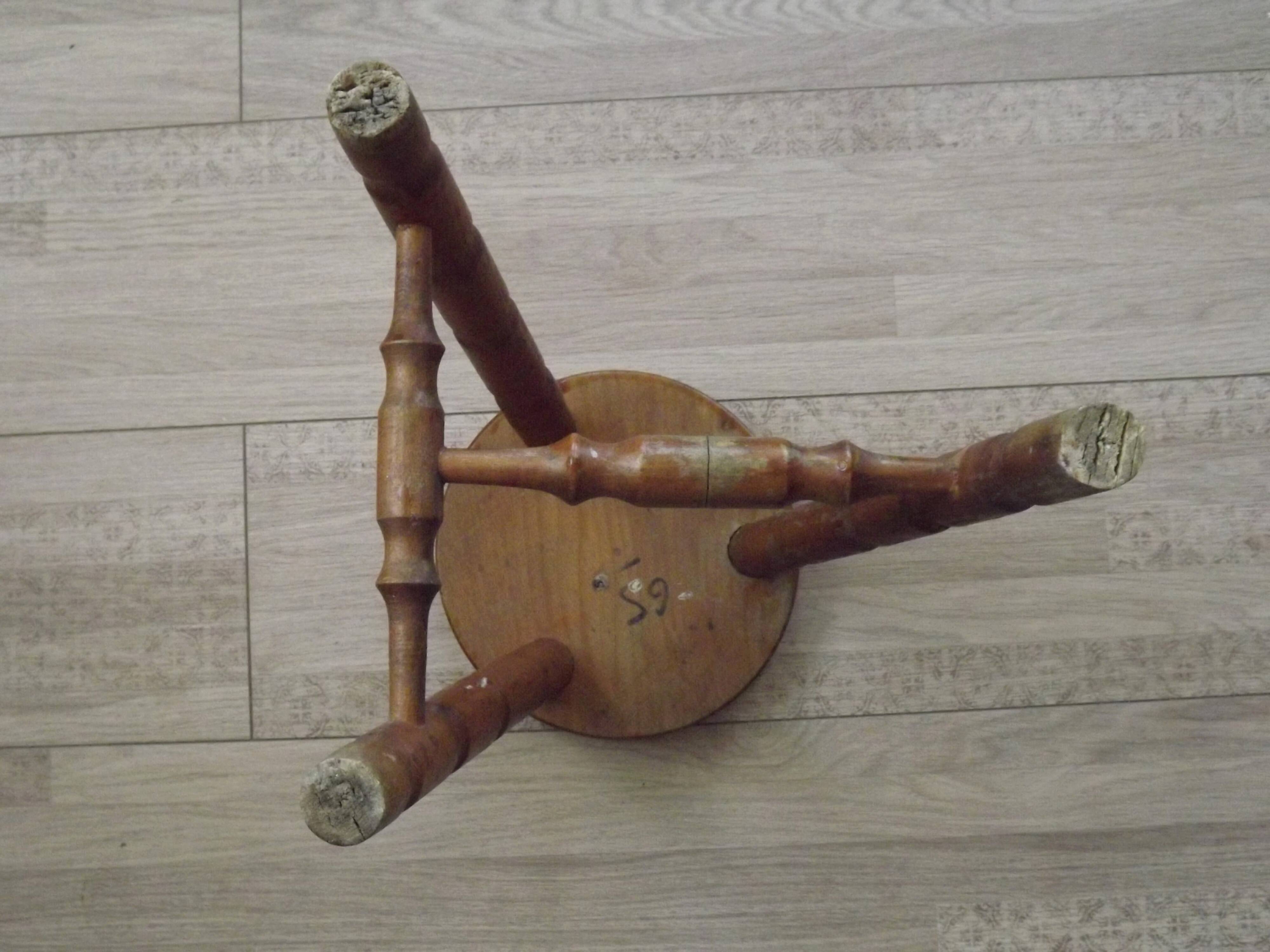 French Vintage Hand Made Wood Milking Stool 3 Spindle Legs Bullseye Seat