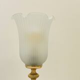 Vintage French Empire table lamp in gilded brass, opaline, pleated tulip, Belle Epoque