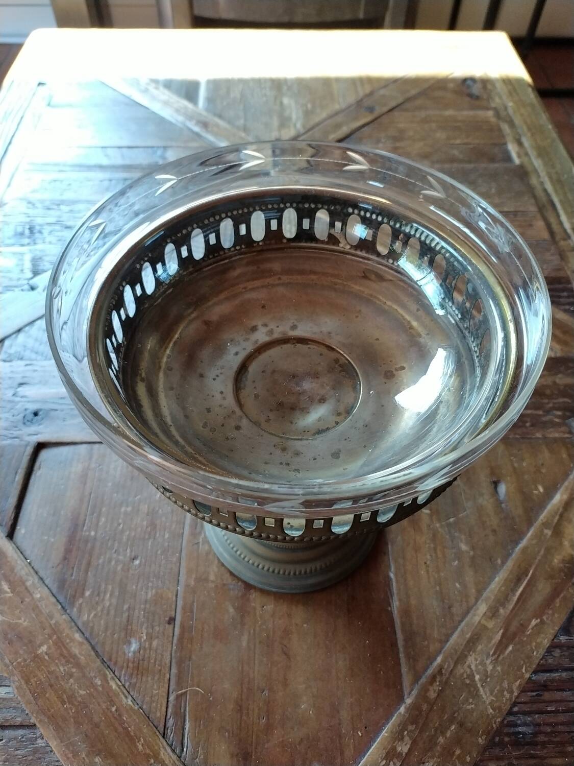 Copper and glass fruit bowl or compote dish Art Deco
