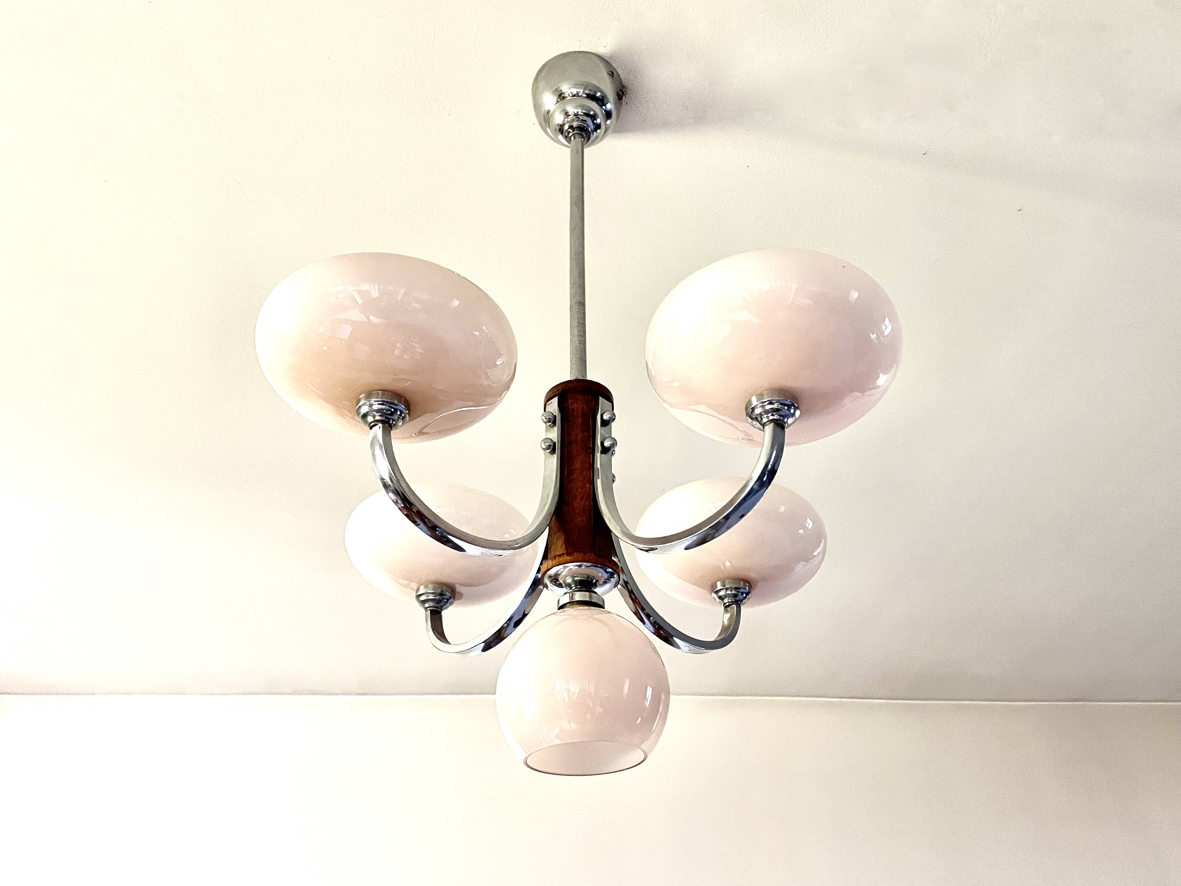 Art Deco lustre with pink glass, wood, and chrome from the 1930s.
