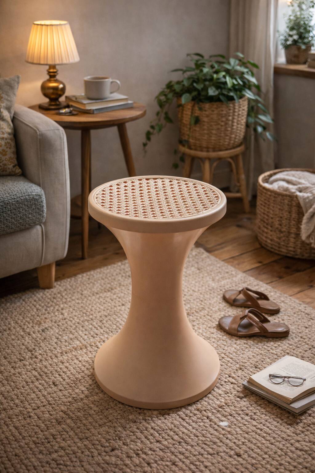 Tam Tam Stamp stool Made in France with a woven rattan-style seat.